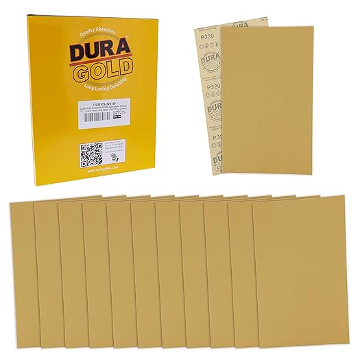 Dura-Gold Premium 5" x 2.75" Gold Sandpaper Sheets, 320 Grit (Box of 40) - Hook & Loop Backing, Wood Furniture Woodworking, Auto Paint - for Palm Sanders, Clip-On, Hand Sanding Blocks