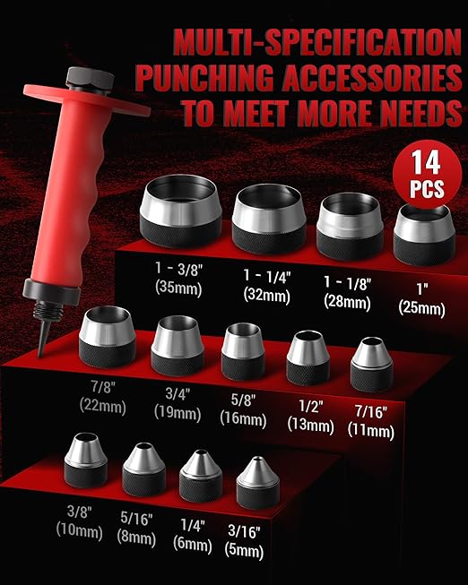 Hole Punch Set, 14 Pcs Hollow Punch Set 3/16" to 1-3/8"(5-35mm), Gasket Punch Set with Pin Point Punch Shaft