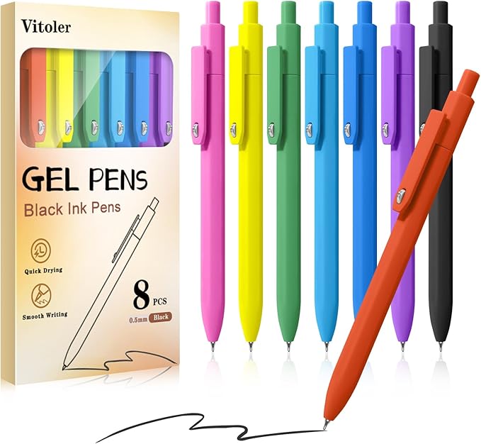 Vitoler Gel Pens,8 pcs Fine Point Pens,0.5 mm Black Ink Pen Quick-Dry,Smooth Writing Pen for Journaling Bible School Office Supplies,Gifts for Women