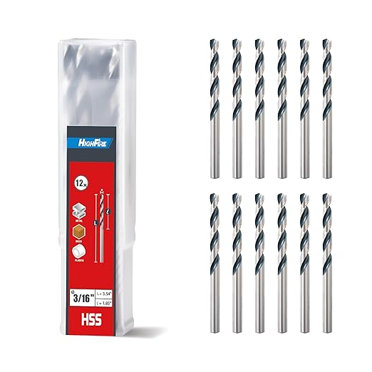 HIGHFIRE 3/16" Jobber Length Drill Bits, Pack of 12 pcs, High Speed Steel Twist Drill Bit with Storage Case, 135 Degree Tip for Wood, Metal, Steel, Plastic, Aluminum Alloy