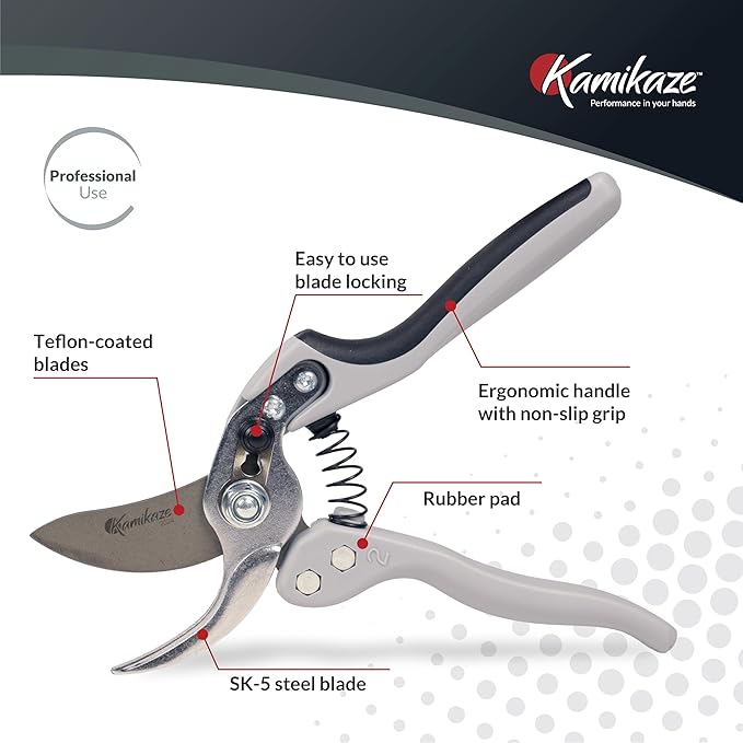 Kamikaze Pruning Shears, Professional Heavy Duty Handheld Clippers with Japanese Steel Titanium Blade, 1" Cutting Capacity, Ergonomic Handle Reduces Fatigue & Boosts Efficiency ??Arthritis-Friendly