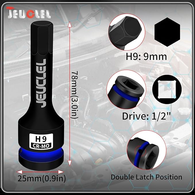 9mm Hex Impact Bit Socket, H9 1/2-Inch Impact Drive Allen Socket, Cr-Mo Steel Lengthen Hex Screwdriver Adapter for Electric Ratchet Wrenches Fastening Screws