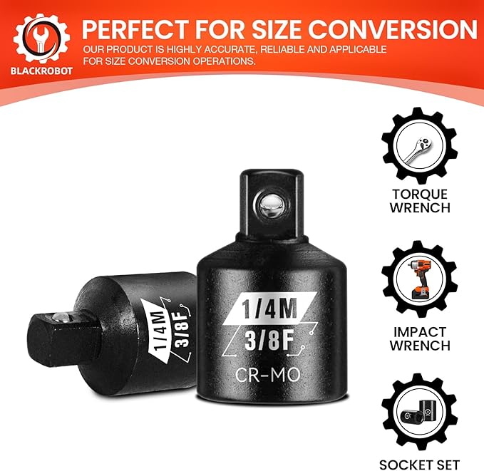 BLACKROBOT 2 Piece 3/8?쒯 To 1/4?쒶 Impact Socket Adapter Set,SAE Drive Cr-Mo Steel Exceeds ANSI Standards,Square Drive Reducer for Impact Driver Wrench