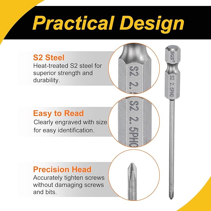 5 Pcs Magnetic Phillips Screwdriver Bit PH0 1/4" Hex Shank 80mm Long 2.5mm Rod