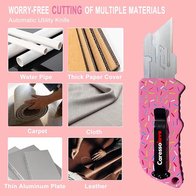 Automatic Utility Knife, Premium Pink Retractable Box Cutter, Cute Aluminum Alloy Heavy Duty Pocket Knife, Safety Replaceable Blade EDC Razor Knives with 5PCS Blades