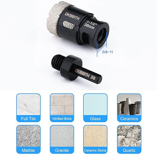 Dry Diamond Core Drill Bits 1-1/2 Inch Tile Hole Saws for Porcelain Ceramic Tile Granite Marble Stone Brick Hole Saw 38mm with 5/8-11 Thread Plus 3/8 Inch Hex Shank Adapter