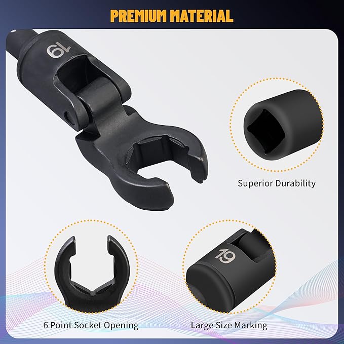 6 Pieces Flex-Head Crows Foot Line Wrench Set 3/8" Drive Injector Fuel Line Sockets Wrench Set Metric 12/14/16/17/18/19mm