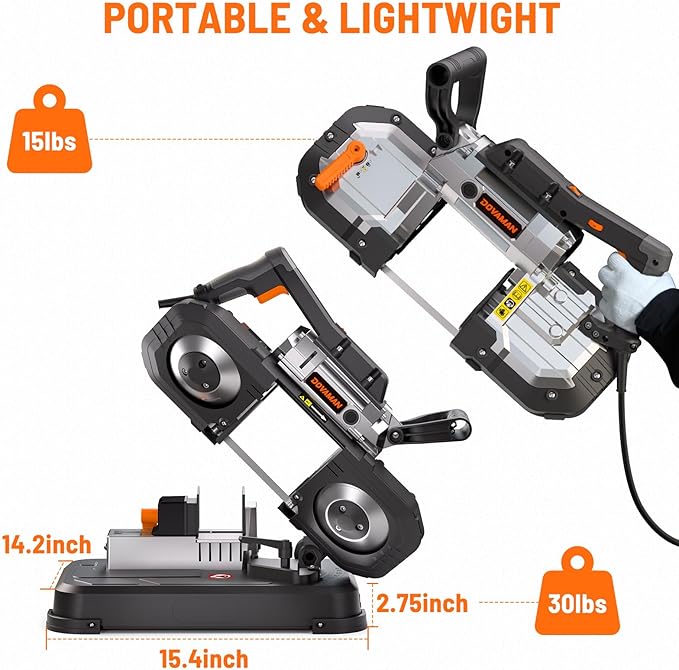 DOVAMAN Portable Bandsaw, 10A 5 Inch Cutting Capacity Handheld Corded Band Saw, 6-Speed 0째- 45째 Adjustable Angle Band Saws, For Woodworking For Cutting Metal, Includes 2 Saw Blades