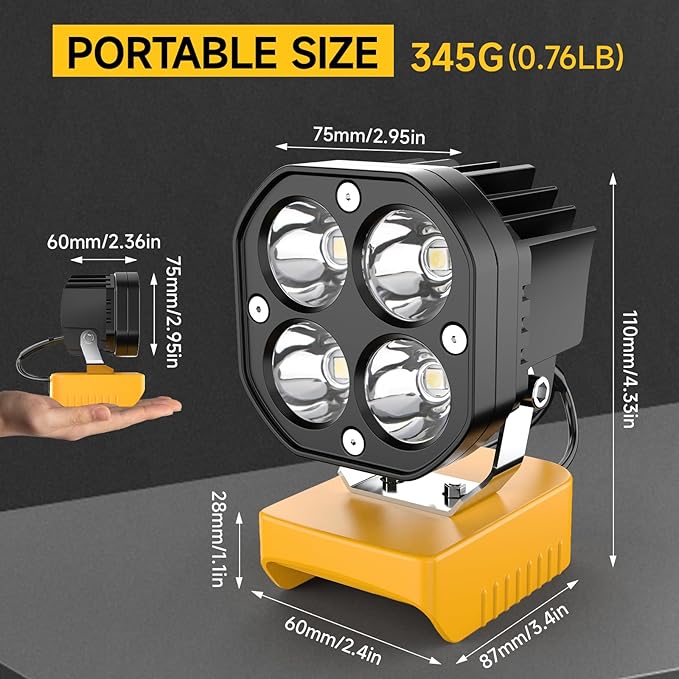 LED Work Light Compatible with Dewalt 20V Battery, 40W 6000LM Flashlight, 20V Battery Cordless Work Light 120째Adjustable with Low Voltage Protection for Outdoors and Job Site Lighting