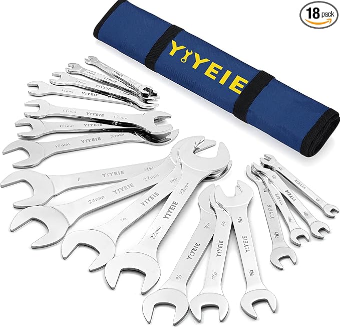 YIYEIE 18pcs Super-Thin Open End Wrench Set, Metric & SAE, 5.5mm to 27mm, 1/4" to 1-1/16", CR-V Steel with Mirror Finish, Ultra-Slim Wrench Set with Rolling Pouch