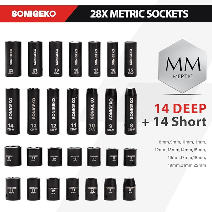 Socket Set 3/8" Drive Impact Socket Set,48-Piece 6 Point Deep,Standard SAE and Metric CR-V Steel Sockets with extension bar (Metric and SAE, 3/8" Socket Set, 48pcs)