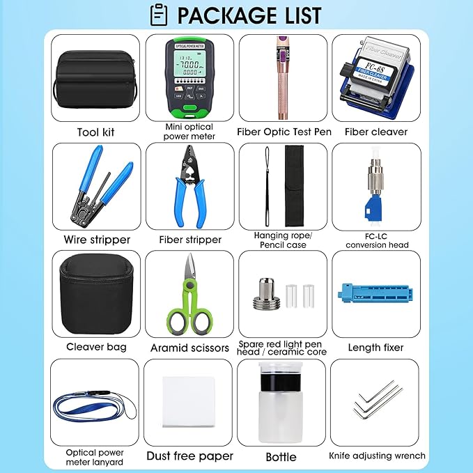 Fiber Optic Termination Tool Kit 10-in-1 Equipped with A-D7 Optical Power Meter (-70 - +10 dBm), FC-6S Fiber Cleaver and Wire Stripping Pliers, Aramid Scissors, Fiber Optic Tool Kit