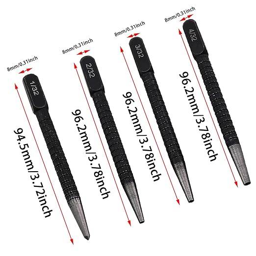 1 Set 4PCS High Carbon Steel Anti Slip Automatic Centre Punch Set Centre Punch Metal Wood Marking Tool 1/32 2/32 3/32 4/32inch for Steel Aluminium Copper Drilling Drill Positioning Black