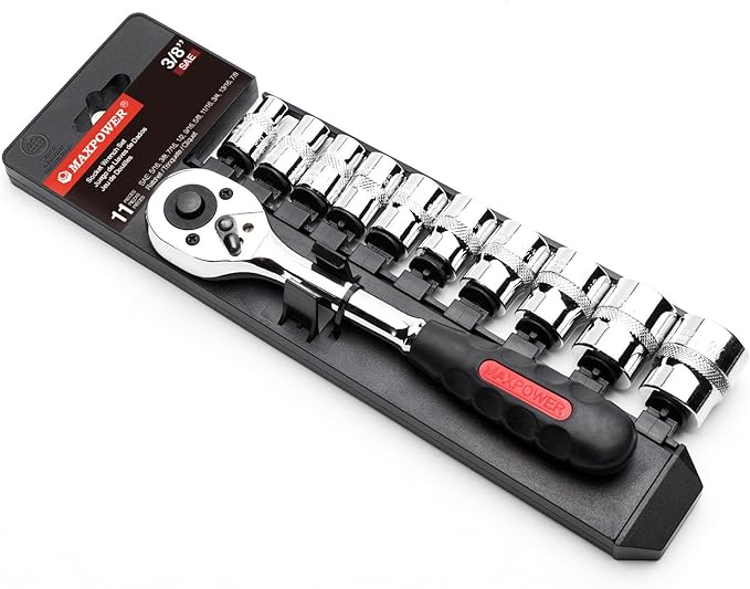 MAXPOWER 11-Piece 3/8-Inch Drive Ratchet and Socket Set | SAE 10-Socket Set (5/16??to 7/8?? with Quick Release Reversible Ratchet & Hanging Storage Rack | Chrome Vanadium Steel