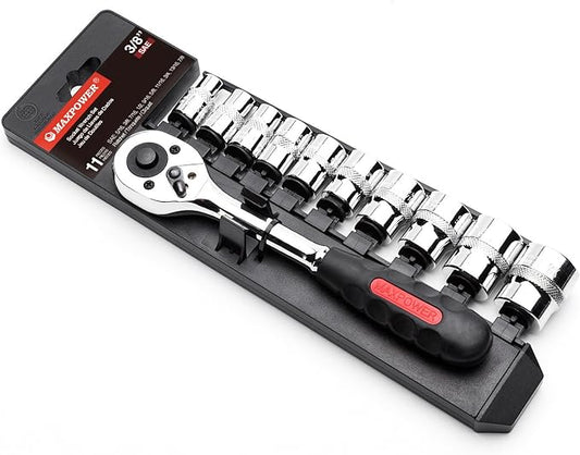 MAXPOWER 11-Piece 3/8-Inch Drive Ratchet and Socket Set | SAE 10-Socket Set (5/16??to 7/8?? with Quick Release Reversible Ratchet & Hanging Storage Rack | Chrome Vanadium Steel