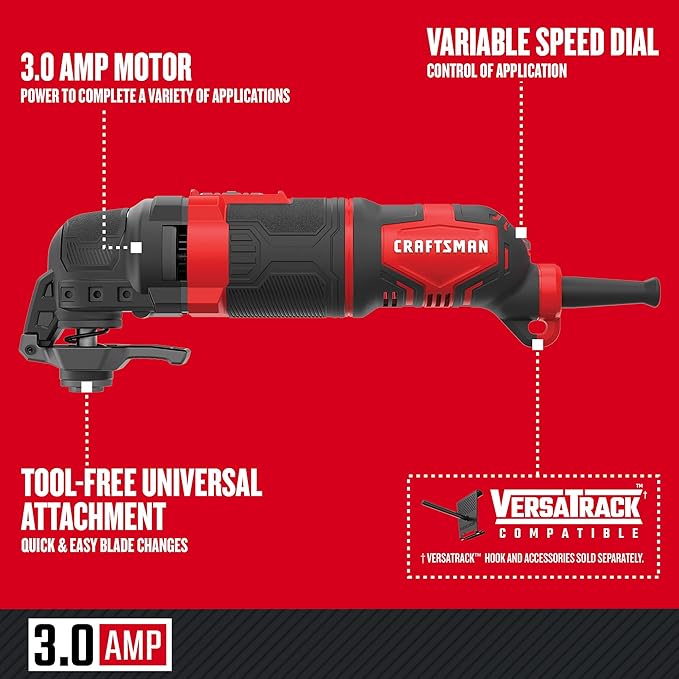 CRAFTSMAN Oscillating Tool, 3-Amp, Includes Universal Tool-free Accessory System, Blades, Sandpaper and Tool Bag, Corded (CMEW401)