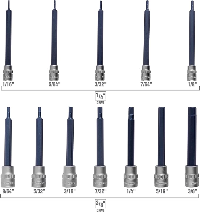 OEMTOOLS 23902 12 Piece SAE Magnetic Long Hex Bit Socket Set, Allen Wrench Socket Set, Hex Sockets, 1/4" and 3/8" Drive Long Reach Allen Sockets