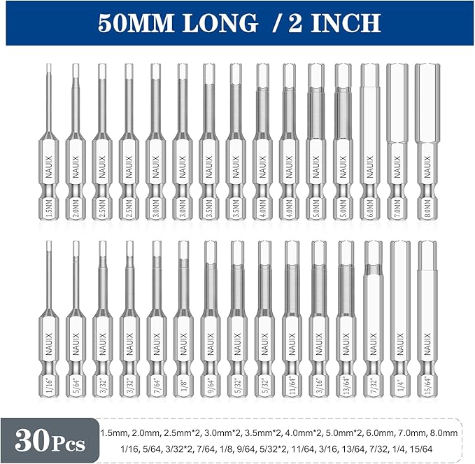 30 Piece Hex Head Allen Wrench Drill Bit Set, 1/4 Inch Shank Metric and SAE S2 Steel Hex Bit Set, Magnetic Tips 50mm Long (SAE+METRIC BITS)