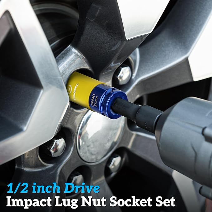 Impact Lug Nut Socket-8 Pieces Thin Wall Impact Sockets,Non-Marring Impact Socket Set,1/2 Deep Wheel Protector Metric 15 17 19 21 22 MM & SAE 13/16 7/8 in.Cr-Mo Steel