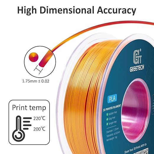 Geeetech Silk PLA Tri Color Filament 1.75mm 3D Printer Filament, Coextrusion Red Gold Purple Tri-Colors Metal-Like Shiny Silk PLA Filament, 1kg (2.2lbs) 1 Spool, Dimensional Accuracy +/- 0.02 mm
