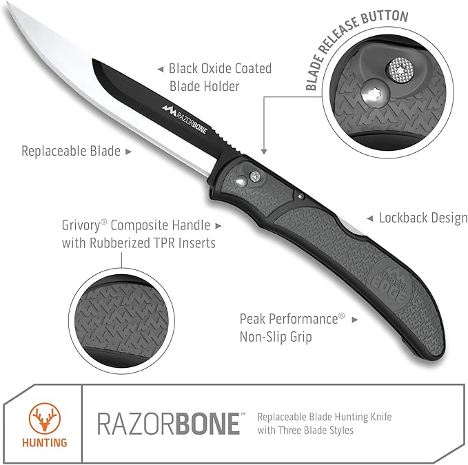 OUTDOOR EDGE RazorBone Replaceable Blade Folding Hunting Knife with Clip & Sheath. 3 Butcher Knife Blade Styles - Boning, Gutting, & Skinning Knives. Gray, Camo Sheath, 6 Blades & Blade Box