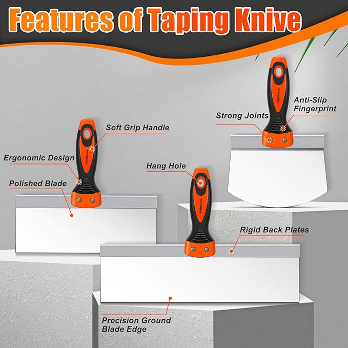 THINKWORK Drywall Knife Set, 10Pcs Drywall Tools Include Stainless Steel Putty Knife Set, Taping Knives, Painter Scraper, 14" Mud Pan and Scoop, Spackle Tool Kit for Joint Taping, Finishing, Patching