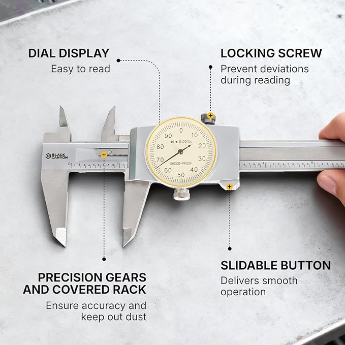 BLACK CANYON 6" Dial Caliper, 6 Inches Measurement, Caliper Measuring Tool, 0.001 inch fine Graduation, 4-Way Measurements, Hardened 4R13 Stainless Steel, Ideal for DIY/Household