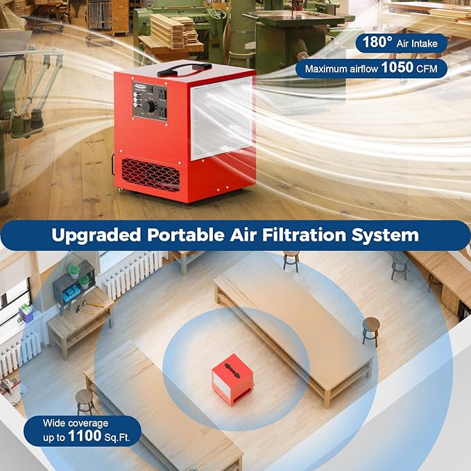 ALORAIR Portable Air Filtration System, 180째 Air Intake (850/1050CFM) Tabletop Dust Collector for Woodworking with Strong Vortex Fan, Air Filter for Garage, Works Shop, Home, Purecare 1050