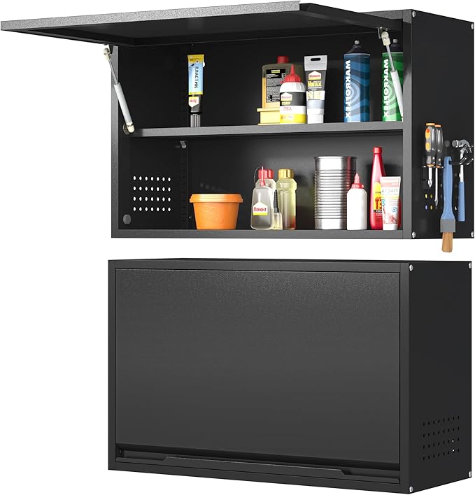 Coolsun Metal Wall Cabinet, Garage Wall Cabinet with Up-Flip Door, 19.7" H Wall Mounted Metal Storage Cabinet for Kitchen,Garage,Basement,Ware House Assembly Required (Black 19.7" H)