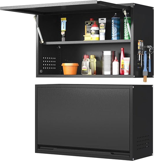Coolsun Metal Wall Cabinet, Garage Wall Cabinet with Up-Flip Door, 19.7" H Wall Mounted Metal Storage Cabinet for Kitchen,Garage,Basement,Ware House Assembly Required (Black 19.7" H)