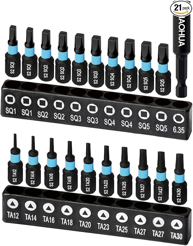 21PCS Screwdriver Bit Set, 25mm Triangle Screwdriver Set TA12-30, Square Drive Bits #1,2,3,4,5 with 1/4" Bit Holder, S2 Steel Hex Head Drill Bit Set, 1/4 Hex Impact Bit Set, Magnetic Bit Set