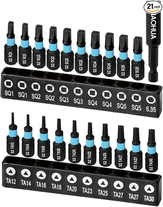 21PCS Screwdriver Bit Set, 25mm Triangle Screwdriver Set TA12-30, Square Drive Bits #1,2,3,4,5 with 1/4" Bit Holder, S2 Steel Hex Head Drill Bit Set, 1/4 Hex Impact Bit Set, Magnetic Bit Set