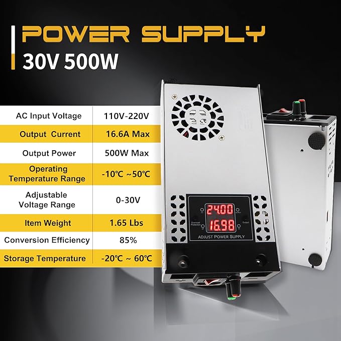 New Version 110V AC to DC Converter 0-30V 500W Digital Display Power Supply,SMPS 120V to 0-30V 0-16.6A Adjustable Voltage Current Converter Switching DC Transformer Adapter(DC0-30V/0-16.6A/500W)