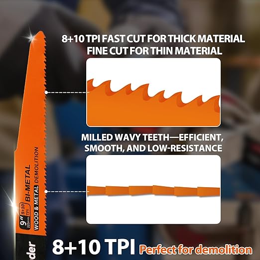 GoYonder Demolition Reciprocating Saw Blades 8+10TPI Bi-Metal, Durable Blades for Wood/Metal, Perfect for Demolition, Renovation, Medium Metals (5-Pack)