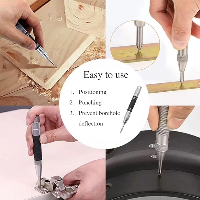 Automatic silver-Black Center Punch, 5 inches, Suitable for Glass, Wood, Plastic, Various Metals竊똕pring Impact Center Marker Tool,2PCS