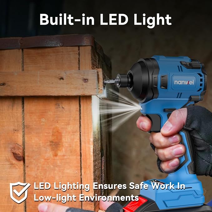 NANWEI 20V Brushless Impact Driver，2100 In-lbs (240N·m) Max Torque, 1/4" Hex Shank, 2 x 2.0Ah Batteries, and Bit Set – Ideal for Heavy-Duty Home Improvement and DIY Projects(With Battery）