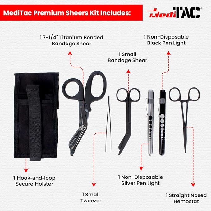 MediTac Premium First Aid Shears EMT Scissors Combo Pack (With Autoclavable 7-1/4" Titanium Bonded Shear) With Holster - Tactical Black