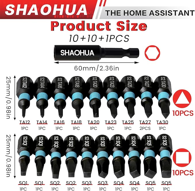21PCS Screwdriver Bit Set, 25mm Triangle Screwdriver Set TA12-30, Square Drive Bits #1,2,3,4,5 with 1/4" Bit Holder, S2 Steel Hex Head Drill Bit Set, 1/4 Hex Impact Bit Set, Magnetic Bit Set