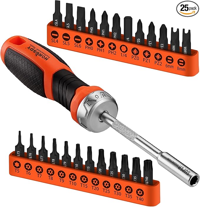 HORUSDY 25-Piece Security Torx Screwdriver Bit Set | T5-T40 Torx Bit Set 1/4 inch Ratcheting Magnetic Bit Driver | 12Pcs T-Drive Bits and 12Pcs Common Bit