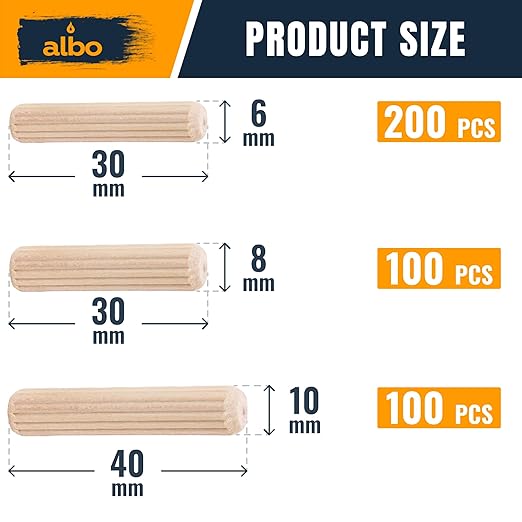 ALBO Wooden Dowel Pins 400 Pack Assorted Sizes 6?30 / 8?30 / 10?40mm, Fluted Wood Dowels Rods Hardwood Crafts Dowel Pegs