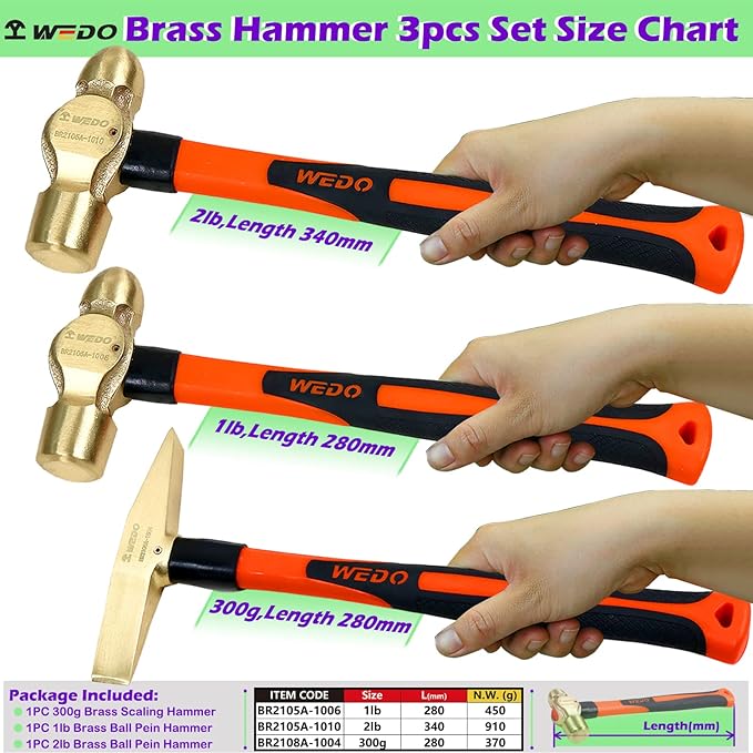 WEDO 3PCS Hammer Set,0.7lb Scaling Hammer,1lb Ball Pein Hammer,2lb Ball Pein Hammer,Brass,Fiberglass Handle,Die-Forge,Corrosion Resistant