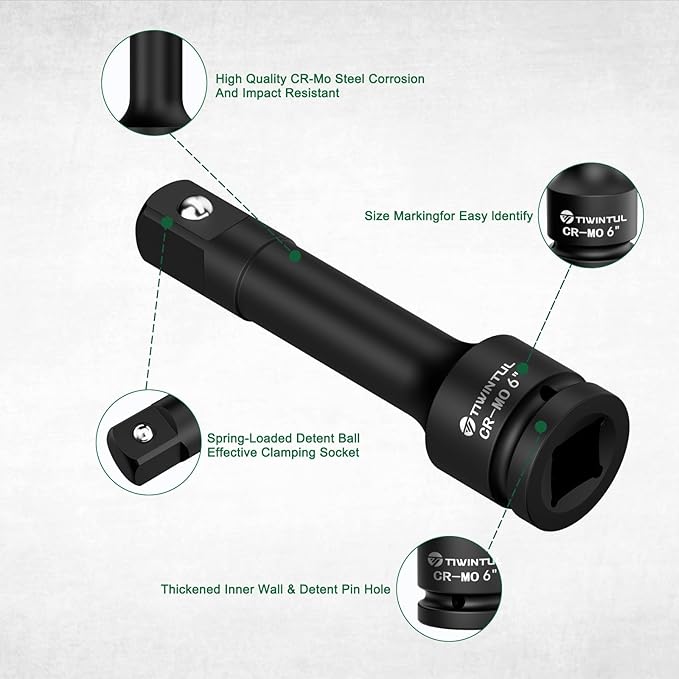 3/4" Drive Impact Extension Bar Set, 5 PCs 3" 4" 6" 10" Impact Socket Extension, 3/4" to 1/2" Adapter with CR-MO Steel, Storage Box for Car, Truck, Tractor Repair