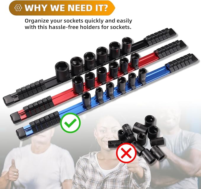 ALOANES 3-Piece Aluminum Alloy Socket Organizer, Heavy Duty Socket Racks, Socket Holder Kit for Toolbox Drawer Fit 1/2, 3/8, 1/4-Inch Socket Holder x 58 Clips (Black)