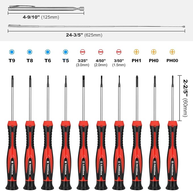 HAUTMEC 11-PCS Precision Mini Screwdriver Set with Telescoping Magnetic Pickup Tool, Phillips, Flat, Torx, Pouch, CRV Steel Shaft Magnetic Tiny Screwdriver Set for Eyeglass, Watch, Laptop, Phone