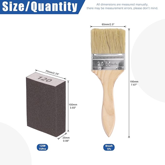 Glarks 16Pcs 120 Grit Sanding Sponge Kit 15Pcs 10x7x2.5CM Washable and Reusable Sanding Blocks and 1Pc Paint Brush Ideal for Wood Working, Drywall Metal Polishing