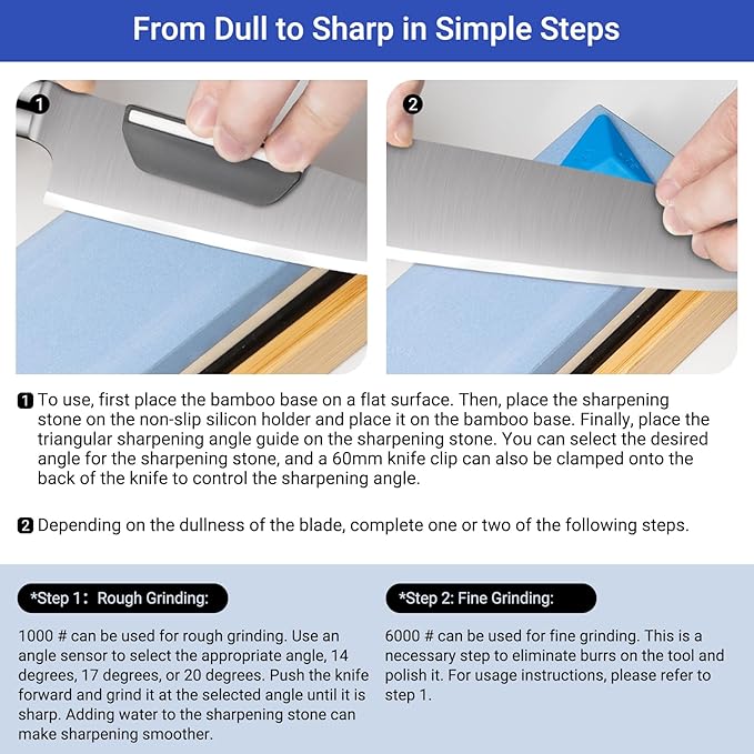 Whetstone Sharpening Stone Set, Dual Sided Grit 1000/6000 Knife Sharpener Set, Wet Stone Sharpening Kit with Nonslip Base, Angle Guide and Knife Holder (6pcs)