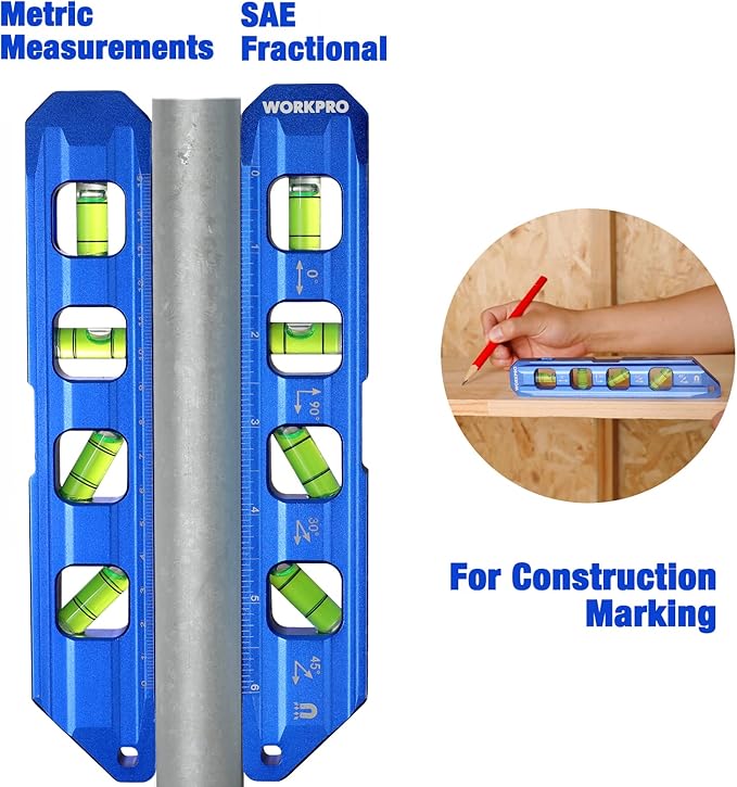 WORKPRO 8-Inch Magnetic Torpedo Level, Aluminum Alloy Construction, 4 Bubble Vials for 0째/90째/45째/30째 Measurements, Cobalt Blue
