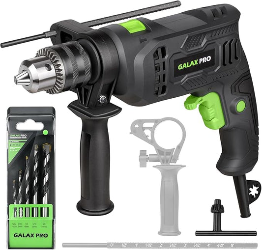 GALAX PRO 4.5Amp 0-3000RPM Corded Hammer Drill, 5pcs Bit, Hammer and Drill 2 Functions in 1 with 12 Variable Speed, 1/2 Inch Keyed Metal Chuck, 360째Rotating Handle