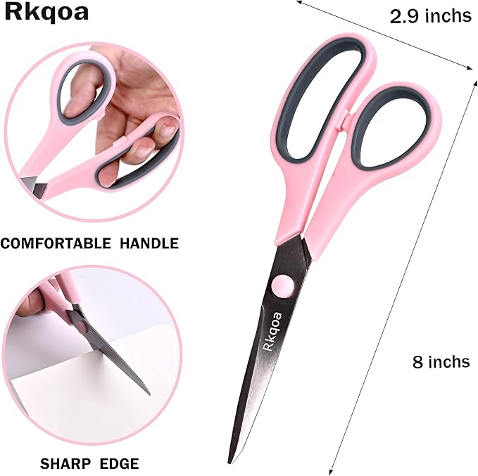 Scissors, Rkqoa 8" All Purpose Titanium Scissor Set of 6 Pack - 2.5mm Thick Sharp Scissors Bulk for Office School Sewing Craft Supplies, Classroom Must have, Teacher/Class Shears, Right/Left Handles