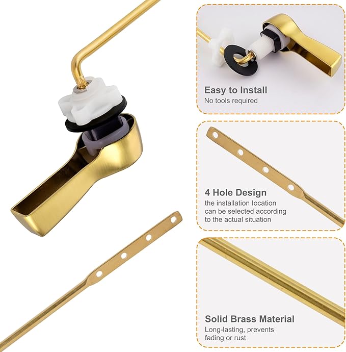 Hibbent 2 Pack Universal Front Mount Toilet Handle Tank Flush Lever Replacement Handle with Stainless Steel Flapper Chains for Most Front Mount Toilets- Brushed Gold